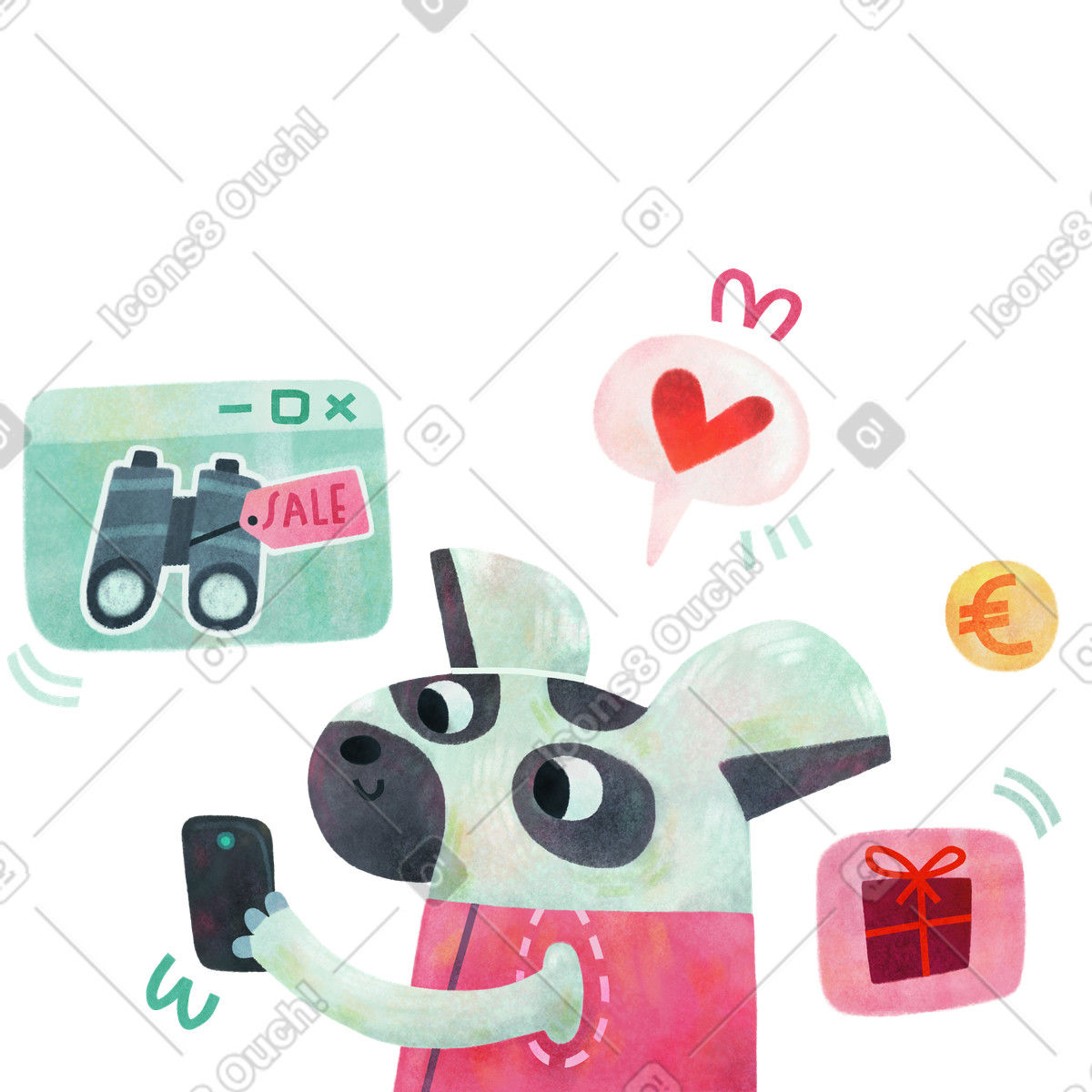 Illustration Lemur exploring sale deals on mobile phone, Digital shopping and gift buying dans le style Jungle à télécharger aux formats PNG, SVG
