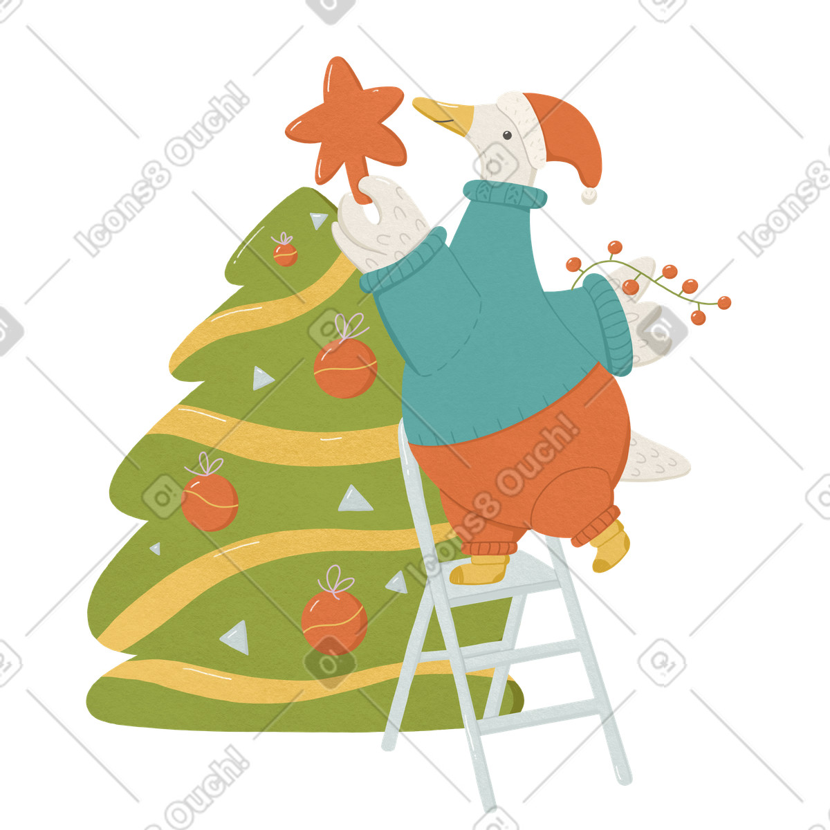 Ilustração de Ganso em pé na escada e decorando uma grande árvore natal no estilo Goose para baixar PNG, SVG