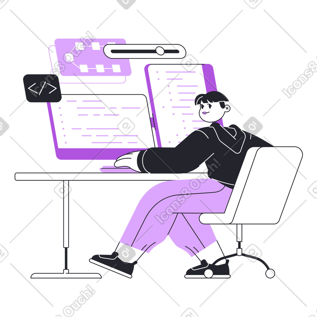 Programmer at office desk with dual monitors, Software development workflow animated illustration in GIF, Lottie (JSON), AE