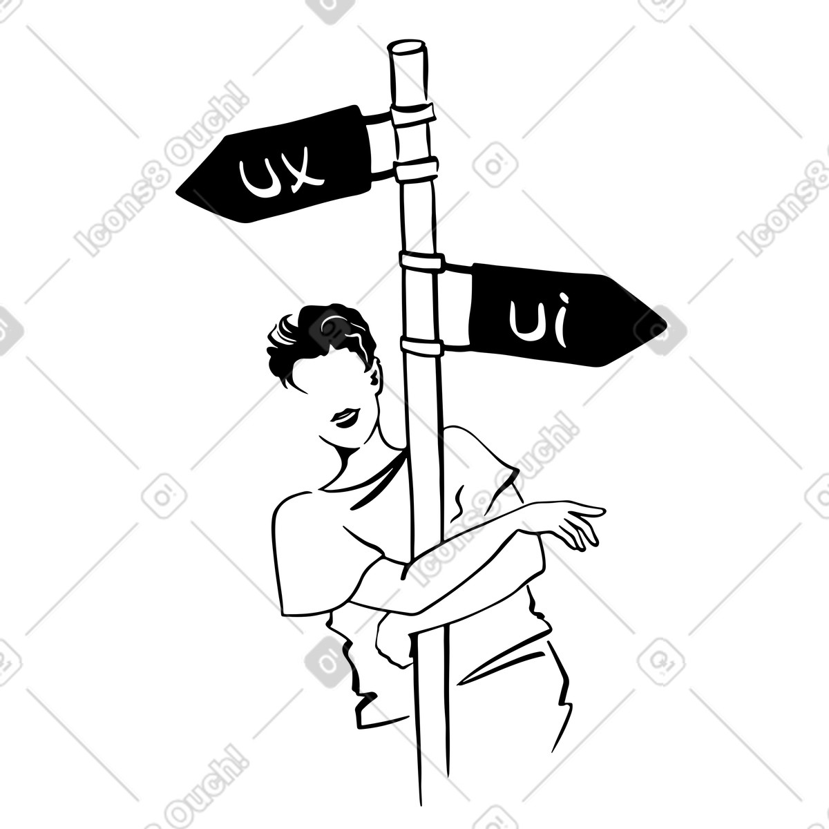 Анимированная иллюстрация Женщина обнимает указатель ux/ui-дизайн в стиле Line — скачать в форматах GIF, Lottie (JSON), AE