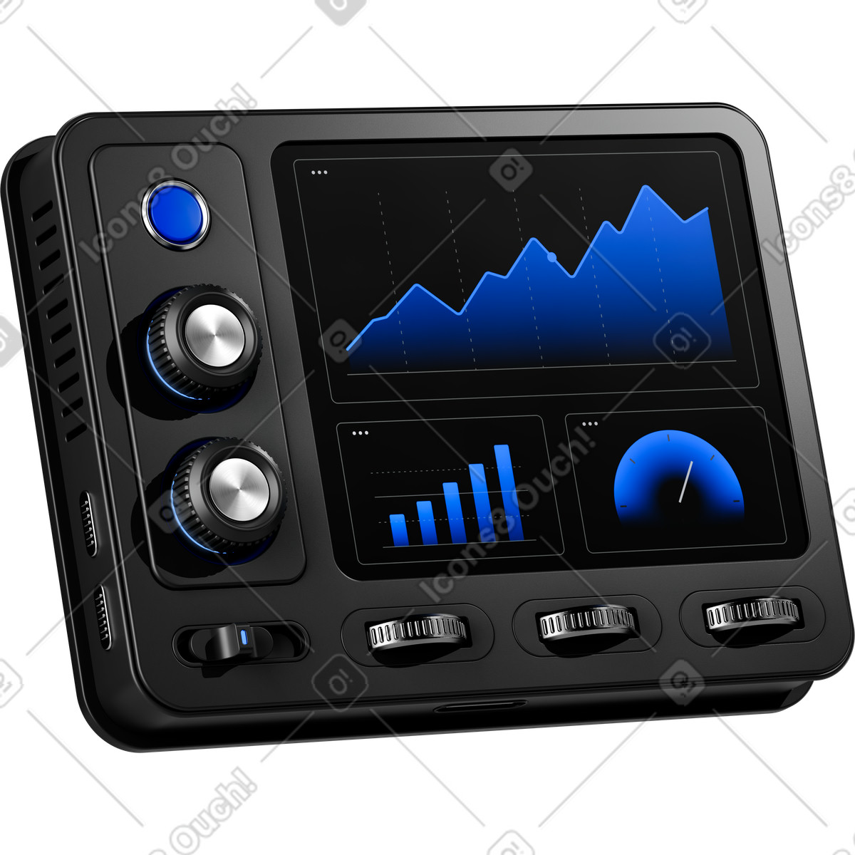 3D Pro 스타일의 Console dashboard displaying line chart bar graph and speedometer gauge 일러스트레이션 PNG, SVG 다운로드
