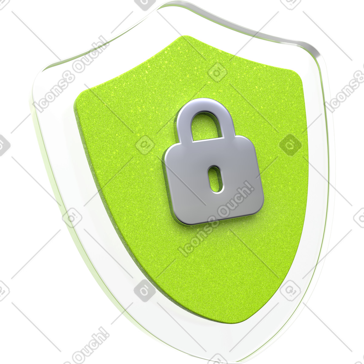 Illustration Icône de bouclier sécurité, symbole cyberprotection, badge vert brillant dans le style 3D Enterprise à télécharger aux formats PNG, SVG