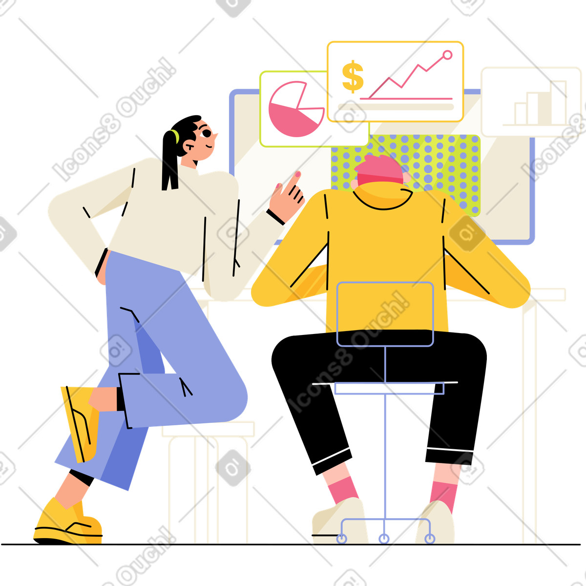 Juicy スタイルの 男の子と女の子はグラフと図を分析します のイラストをPNG、SVG形式でダウンロード