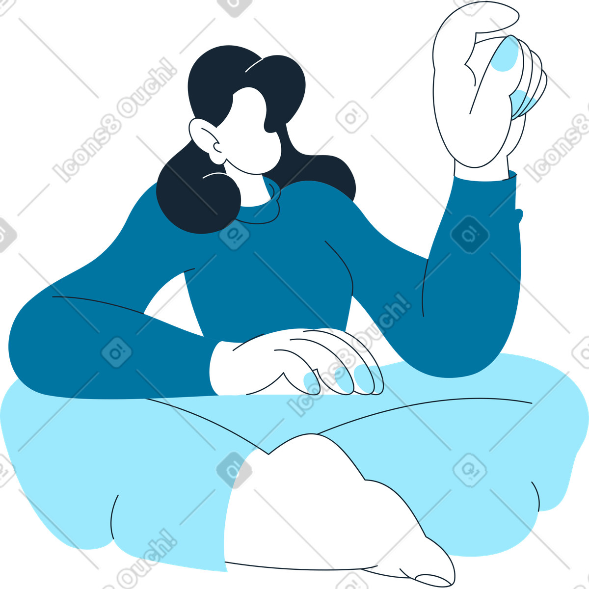 Woman sitting in lotus pose with her arm raised illustration Indigo style download PNG, SVG