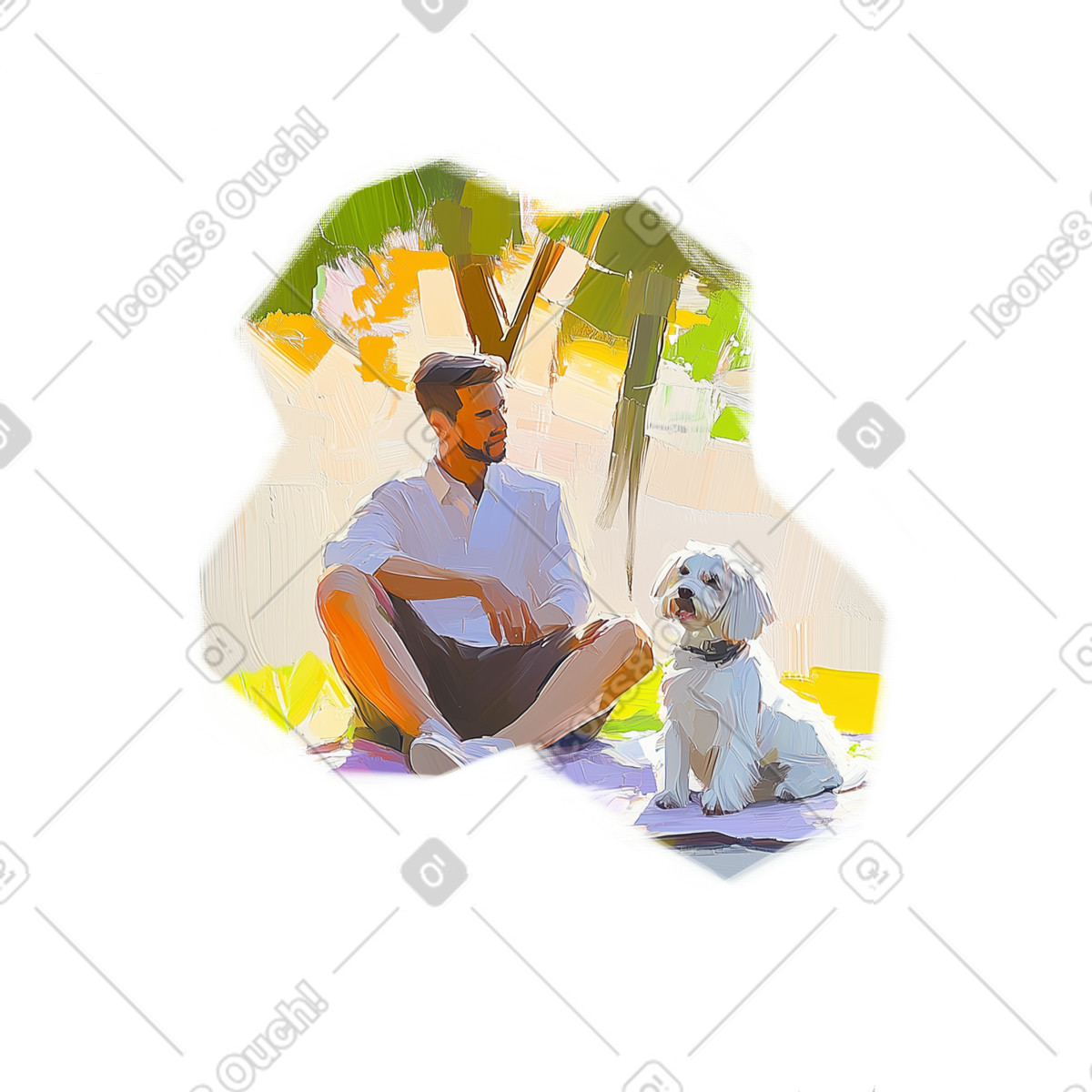 Oil painting of man with bolonka sitting in city park illustrazione stile Pictorial scarica PNG, SVG
