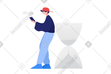 Man chatting on phone near hourglass PNG, SVG