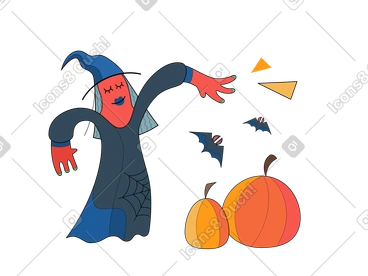 Witch casting a spell to pumpkins and bats PNG, SVG