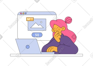 Young woman buys a nft picture PNG, SVG