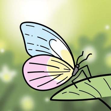 A delicate butterfly with wings made of "translucent tissue paper" is resting on a "green leaf". The butterfly's wings are intricately patterned with "soft pastel colors" of "pink, blue, and yellow". The sunlight filters through the wings, creating a "gentle glow". The body of the butterfly is slender and "dark brown", contrasting with the lightness of the wings. The scene is enhanced by the surrounding "faintly blurred green foliage" in the background.