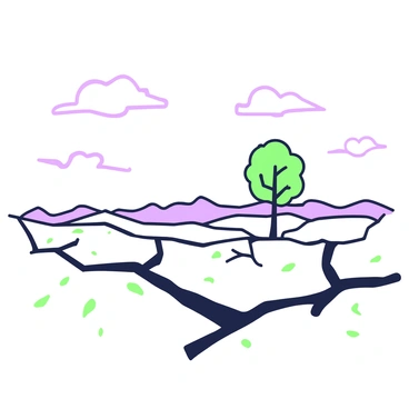 A desolate landscape stretches into the horizon, featuring cracked earth that forms a network of fissures. In the distance, there is a solitary tree with sturdy branches extending outward. The tree stands as the only sign of life amidst the barren terrain. A faint breeze rustles the leaves, creating a subtle contrast against the dry ground. The sky above is vast, with a few wispy clouds scattered throughout. The overall scene conveys a sense of isolation and endurance in nature.