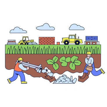 A landscape featuring a field of crops being transformed into a construction site. In the foreground, green plants are being uprooted, revealing brown soil. Several construction workers in yellow hard hats and orange safety vests are actively engaged in the process. They are carrying wooden beams and metal pipes. In the background, stacks of bricks and piles of gravel are visible along with construction equipment like a bulldozer. The sky above is clear, and there are a few fluffy clouds.