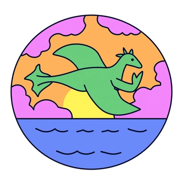 A drake with emerald green feathers and a distinctive curled tail is flying across the sky. The sunset features bright orange, pink, and purple hues blending together, creating a vivid background. Below, the ocean is calm, reflecting the colors of the sunset with gentle ripples. The drake's wings are outstretched as it soars gracefully through the colorful sky.