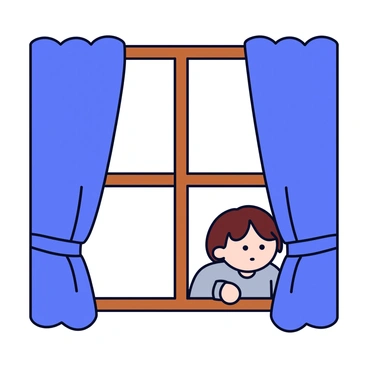 A window with wooden frames that is tightly closed. The curtains are a deep shade of blue and are drawn across the window, not allowing any light to pass through. In front of the window, a person is peeking through a small gap in the curtains. The person has short brown hair and is wearing a cozy grey sweater. Their curious eyes are visible, expressing a sense of longing as they look outside.