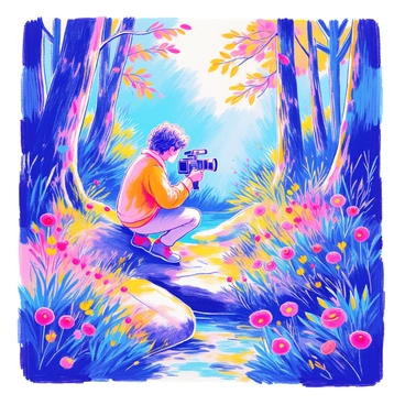 A filmmaker is in a lush green forest, capturing a nature scene with a handheld camera. The filmmaker has short curly hair and is wearing a light jacket and comfortable pants. Trees with vibrant green leaves surround them, and rays of sunlight filter through the branches, creating dappled light on the forest floor. In the background, a small stream flows gently, and colorful wildflowers are blooming nearby. The filmmaker is focused on framing the shot, looking intently through the camera's viewfinder.