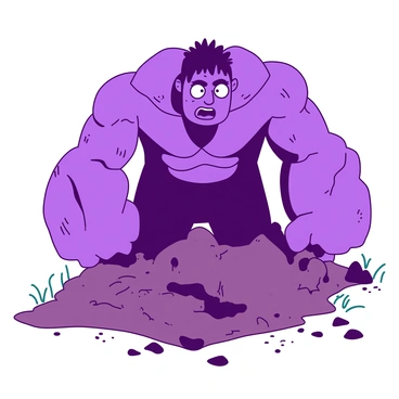 A purple titan is emerging from beneath the earth, its large, muscular arms breaking through the soil. The titan has a surprised expression on its face, with wide eyes and raised eyebrows. Its rocky skin is textured and rugged, contrasting with the smooth brown earth around it. The ground is cracked and scattered with dirt and small stones as the titan rises. Clumps of grass are also displaced around the titan's feet, showcasing the force of its emergence.
