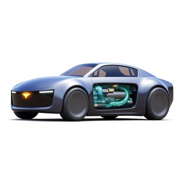 A futuristic concept car with a sleek, aerodynamic body design. The car features bold lines and a glossy metallic finish, reflecting light in various ways. It has large, elegant wheels that are integrated into the body, enhancing its modern appearance. The innovative engine is clearly visible through a glass panel at the rear, showcasing intricate components and glowing elements. The front of the car includes advanced headlights with a distinct geometric shape. The windows are tinted, giving the car a sophisticated look, while the overall design emphasizes speed and efficiency.