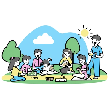 A group of four families is gathered on a green grassy area next to a "yellow brick road." They are sitting on picnic blankets and enjoying a variety of foods. Children are playing nearby, while adults are chatting and laughing. Sunlight is shining brightly, illuminating the scene. In the background, there are a few trees providing shade, and a blue sky with a few fluffy white clouds.