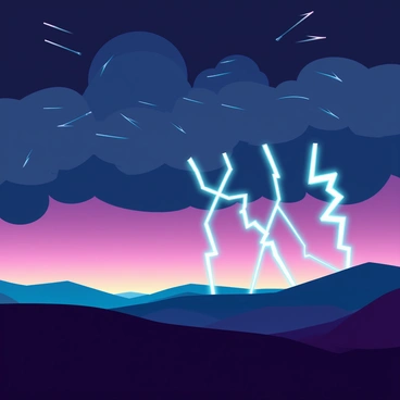 A distant horizon with rolling hills silhouetted against the backdrop. The sky is filled with dark storm clouds, illuminated by bright bolts of lightning that shoot downwards, creating stark contrasts. The scene captures the rich colors of twilight, with deep purples and blues blending seamlessly into hints of orange and yellow near the horizon. The atmosphere is charged with energy as occasional flashes of light illuminate the landscape below, casting shadows on the terrain.