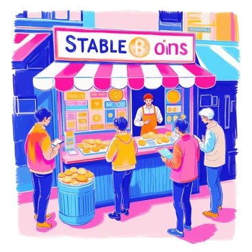 A market stall is set up with a colorful awning, displaying a sign that reads "Stablecoins for Sale" in bold letters. The stall is filled with an array of digital currency symbols, such as Bitcoin, Ethereum, and other popular coins, represented by vibrant icons and graphics. There are several small screens showcasing real-time prices and charts of these currencies. A friendly vendor stands behind the stall, wearing a bright apron, ready to assist customers. In front of the stall, various customers are engaged in discussions, examining the digital currency offerings on tablets and smartphones.
