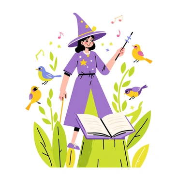 A small witch wearing a pointed hat with stars and a crescent moon design is standing in a lush green forest. She has bright purple robes adorned with silver sparkles, and is holding a wand in her right hand. Surrounding her are various colorful birds, including blue jays, robins, and canaries, perched on branches and fluttering around her. The birds are singing melodious tunes, with musical notes illustrated around them, creating a lively atmosphere. In front of the witch, an open spellbook rests on a tree stump, with glowing magical symbols appearing above it as she casts her spells.