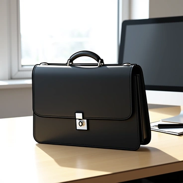 A sleek black leather briefcase resting on a smooth wooden office desk. The briefcase is closed, featuring subtle stitching and a silver latch. The desk is minimalistic, with a clean surface and a few neatly arranged office supplies, including a black pen and a notepad. A computer monitor is placed in the background, with its screen facing towards the viewer. Natural light is filtering in from a window, casting gentle shadows on the desk.