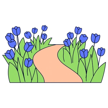 A narrow pathway winding gently through a field filled with tall blue flowers. The flowers have slender stems and delicate petals that sway slightly in the breeze. The pathway is composed of light brown dirt, bordered by lush green grass that contrasts with the vibrant blue flowers. The scene is serene and showcases the natural beauty of the landscape.