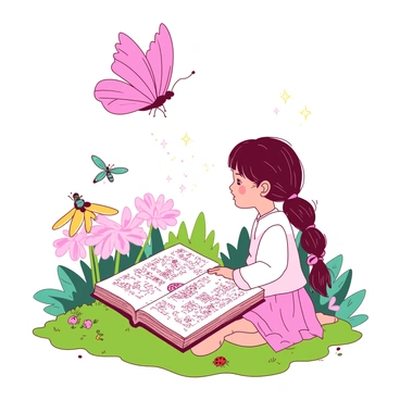 A pink butterfly with shimmering wings hovers above a young girl who has long brown hair tied in a braid. The girl is sitting on a patch of vibrant green grass in a fantasy meadow filled with colorful flowers. Around her, a teal ladybug is perched on a large dandelion, while a yellow dragonfly flits nearby, casting tiny sparkles in the air. The girl holds a large, ancient book open on her lap, filled with intricate illustrations and puzzles. The atmosphere is lively as the insects seem to communicate with her, guiding her towards the answers she seeks.