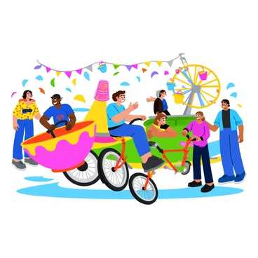 A vibrant carnival scene filled with bicycles transformed into whimsical rides and games. Several bicycles are creatively designed with colorful streamers and playful decorations. One bicycle is turned into a spinning teacup ride, with cheerful patterns painted on its frame and small seats attached to the sides. Nearby, another bicycle is modified into a mini Ferris wheel, featuring small buckets hanging from its wheels, each one painted in bright colors. The ground is adorned with colorful banners and balloons, adding to the festive atmosphere. People of various ages are laughing and enjoying the unique rides, creating a lively and joyous environment.