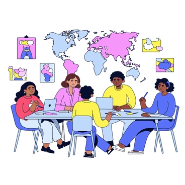 A diverse team of artists is gathered around a large table, collaborating on a creative project. The artists represent various continents, showing a mix of skin tones and hairstyles. Each artist is focused on their individual tasks, with paintbrushes, sketchbooks, and digital tablets spread across the table. On the walls are colorful artworks, showcasing different styles and influences. A large world map is positioned in the background, symbolizing their international collaboration.