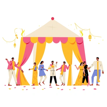 A mandap with colorful drapes in shades of orange, pink, and yellow, adorned with floral arrangements. Several guests in traditional attire are dancing joyfully around the mandap. There are women in bright saris and men in kurta pajamas, all smiling and celebrating. A few decorative lanterns hang from the mandap's structure, adding to the festive atmosphere. The ground is covered with petals, and the background includes twinkling fairy lights strung overhead.