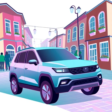 A modern crossover SUV with a sleek design and shiny metallic finish is driving through a charming historic town. The town features narrow cobblestone streets lined with quaint old buildings, each with colorful facades and ornate architecture. Flower boxes with vibrant blooms decorate the windows of the buildings. In the background, there are historic street lamps casting a warm glow, and a few people can be seen walking leisurely, enjoying the picturesque surroundings. The SUV is positioned slightly off-center, emphasizing its movement through the lively scene.