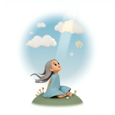 A character with long, flowing hair, wearing a soft blue dress, is gazing upwards with a serene expression. Their eyes are wide with wonder as they look into a sky filled with fluffy white clouds. The clouds have various shapes, resembling animals and whimsical objects. The character is sitting on a grassy hill, with a few wildflowers scattered around them. Sunlight filters through the clouds, casting a gentle glow on their face.