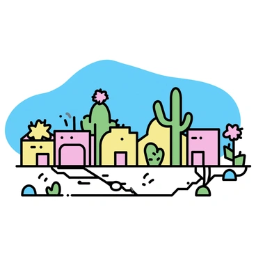 A tiny town with buildings of various sizes and shapes. Each building is designed to resemble a different type of cactus. There are tall, slender buildings mimicking saguaro cacti next to squat, round structures resembling barrel cacti. Smaller buildings take on the shapes of prickly pear and flowering cacti, with distinct colors and textures. The streets are lined with miniature desert landscapes and small pathways connecting the unique structures. In the background, a clear blue sky frames the whimsical scene.
