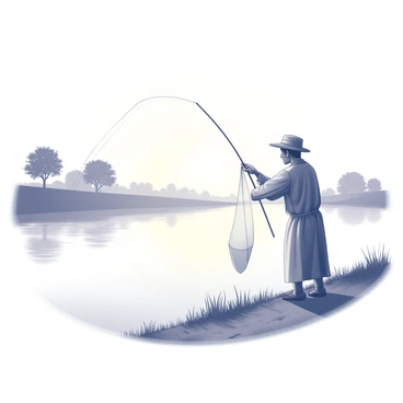 A solitary fisherman standing on the riverbank of the Euphrates, casting a fishing net into the water. The figure is dressed in simple, traditional clothing, with a broad-brimmed hat to shield from the early light. In the background, the river's surface reflects the soft glow of dawn, while mist lingers above the water. Silhouetted trees line the far bank, with their branches reaching towards the sky. The scene captures a sense of tranquility as the fisherman focuses intently on his task, embodying the age-old practice of fishing in this historic landscape.