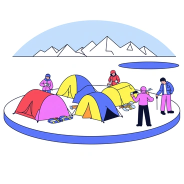 An exploration team setting up camp on an ice cap. The scene includes several colorful tents in bright red, blue, and yellow, arranged in a semi-circle. There are snowshoes and ice axes placed beside the tents. A large white snow-covered area surrounds the camp, with deep blue shadows cast by the tents. Team members in warm winter gear are visible, actively organizing equipment and preparing for their stay. A distant mountain range is visible under a clear blue sky.