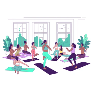 A white yoga studio filled with natural light streaming through large windows. In the center, a diverse group of students of various ethnicities and body types are following a yoga instructor. The instructor, dressed in a teal outfit, is demonstrating a yoga pose at the front of the room. The students are positioned on colorful yoga mats, with some practicing a pose and others watching closely. The walls are adorned with plants, creating a fresh atmosphere in the studio.
