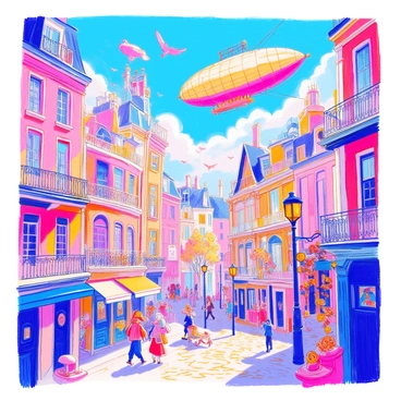 A whimsical cityscape features tall buildings with intricate Victorian architecture, adorned with decorative elements like wrought iron balconies and large arched windows. Airships float gracefully in the sky, their sails billowing against the backdrop of a bright blue sky. Below, streets are lined with cobblestones, where people stroll while engaging with various clockwork gadgets. Some of these gadgets include mechanical birds perched on lamp posts and intricate street lamps with spinning gears. The scene captures the essence of a vibrant steampunk world, reflecting a blend of innovation and charm.