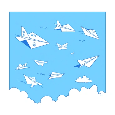 A blue sky is filled with numerous white paper planes floating gracefully. Each plane has unique sketches on its surface, depicting various ideas such as lightbulbs, gears, and dream clouds. The planes are soaring at different heights, casting soft shadows on the fluffy white clouds below. Some planes are in groups, while others fly solo, creating a dynamic scene of creativity and imagination in motion.