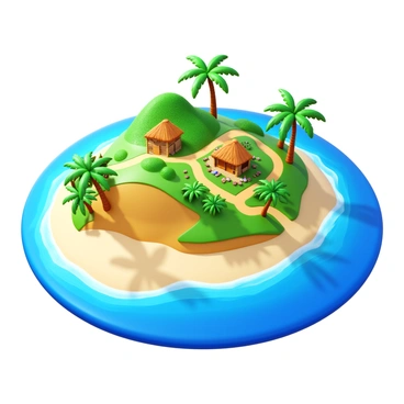 A 3D map of a tropical island featuring "sandy beaches" with fine white sand along the coastline. The island is dotted with "palm trees" casting shadows on the beach. There is a "small village" with thatched-roof huts, pathways, and vibrant greenery surrounding the homes. The ocean is depicted in shades of blue with gentle waves lapping at the shore. The layout of the island includes various elevations and hills, enhancing the three-dimensional effect of the map.