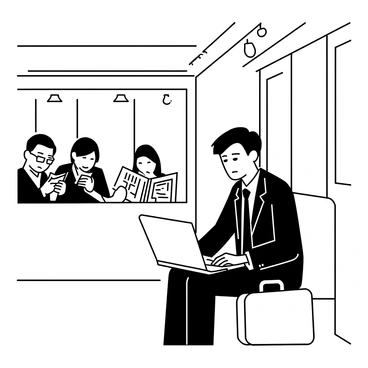 A businessman sitting on a subway train, focused on his laptop. He is wearing a tailored suit with a tie and has a briefcase beside him. The train interior features metal poles, overhead lights, and seats. Other commuters can be seen in the background, some reading newspapers, while the businessman types intently, his expression serious.