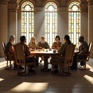 An ancient council meeting taking place in a grand chamber with high ceilings. The room is adorned with intricate carvings and large stone pillars. Around a large round wooden table, diverse leaders from various cultures are seated. Each leader wears traditional attire that reflects their heritage. One leader is an elderly man with a long white beard, dressed in flowing robes. Another is a woman with ornate jewelry and vibrant fabrics. A third leader, a young warrior, has a decorated breastplate and carries a ceremonial dagger at his side. The expressions on their faces show a mix of seriousness and determination as they engage in discussion. Light filters through large stained glass windows, casting colorful patterns on the floor.