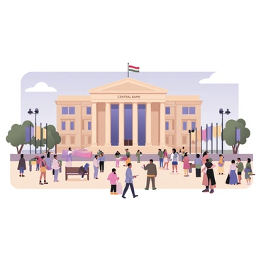 A large, imposing central bank building with grand architectural features stands prominently in the foreground. The building has tall columns and a large entrance, showcasing its significance. In front of the building, there is a busy plaza filled with people going about their day. Some individuals are sitting on benches, while others are walking, chatting, or enjoying street vendors. Various colorful flags are waving on flagpoles surrounding the plaza, adding vibrancy to the scene. The sky overhead is clear blue, enhancing the atmosphere of a bustling capital city.