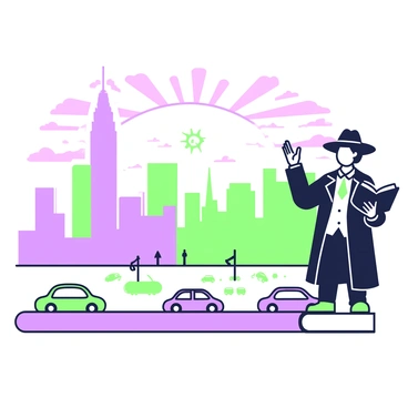 A city skyline is illuminated by the first light of dawn, casting a warm glow across the buildings. In the foreground, a preacher stands on a rooftop, presenting a message with an open book in hand. He wears a dark coat and a wide-brimmed hat, with his arms raised in a passionate gesture. The sky above is filled with soft hues transitioning from darkness to light, with wispy clouds scattered throughout. Below, the streets are beginning to wake up, with faint outlines of cars and pedestrians emerging as silhouettes. The overall atmosphere captures the essence of hope and renewal.