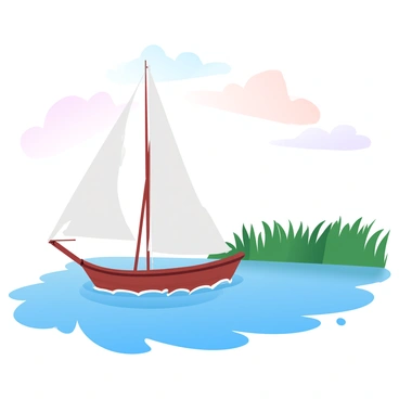 A traditional felucca boat with long, white sails is gliding smoothly across the Nile River. The boat features a wooden hull and a graceful shape, reflecting its classic design. The water of the Nile is a deep blue, with gentle ripples created by the movement of the boat. In the background, there are lush green reeds lining the riverbank, creating a natural contrast against the vibrant blue water. The sky above is filled with soft, gradient pastel colors, blending seamlessly from light peach to pale blue. The scene captures a serene moment of tranquility on the river.