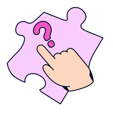 A jigsaw puzzle with several interlocking pieces. The puzzle features a finger depicted in a cartoon style, with a light beige skin tone and a rounded fingertip. The finger is oriented upward, pointing towards a large, bold "?" symbol located above it. The question mark is bright red, contrasting with the finger. The background of the puzzle pieces is a soft pastel shade, enhancing the visibility of the finger and question mark.