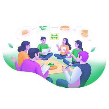 A modern pastel illustration depicting a group of diverse individuals sitting in a circle on a grassy field. Each person has a thoughtful expression as they engage in conversation. Some individuals hold notepads and pens, while others have gluten-free snacks in their hands or on a picnic blanket. Surrounding them are small icons representing gluten-free foods, like bread and pasta crossed out. Soft pastel colors create a calm and inviting atmosphere. In the center of the circle, there is a small sign displaying the words "Celiac Support Group."