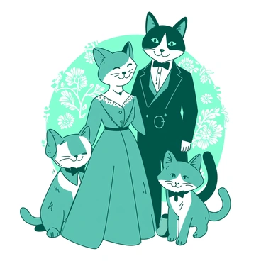 A teal Victorian-era cat family is posing for a family photo. The mother cat is wearing a long, elegant gown with lace trim, while the father cat is dressed in a tailored suit with a waistcoat and a pocket watch. Two kittens are standing beside their parents; one kitten is wearing a small, frilly dress, and the other is in a miniature coat with a bow tie. Behind them, a vintage photo backdrop features ornate floral patterns. The family is smiling, showcasing a sense of togetherness and charm in their traditional attire.