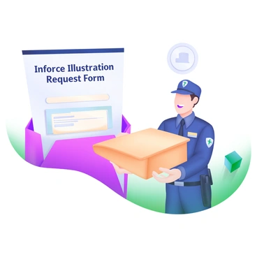 A modern pastel illustration depicting a sealed envelope prominently labeled "Inforce Illustration Request Form" in clear, bold letters. The envelope features a simple design and is being handed over to a courier dressed in a uniform, with a friendly expression. The setting includes a neutral-toned background, enhancing the focus on the envelope and the courier's interaction. The courier holds the envelope carefully, with one hand outstretched while the other rests at their side.