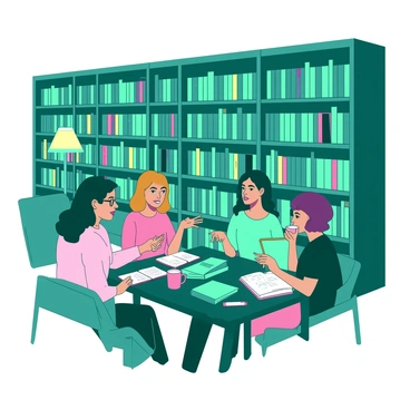A teal library filled with rows of wooden bookshelves lined with colorful books. In the center, a group of four women are gathered around a dark wooden table, engaged in discussion. One woman is gesturing passionately while holding an open book, and another woman is taking notes on a white notebook. The third woman is sipping from a pink coffee mug, listening intently, and the fourth woman is looking at a laptop with a thoughtful expression. Soft, warm lighting from a nearby lamp illuminates the space, creating a welcoming atmosphere.
