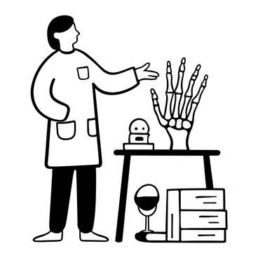 A medical professional pointing to a 3D model of a hand with visible bones.